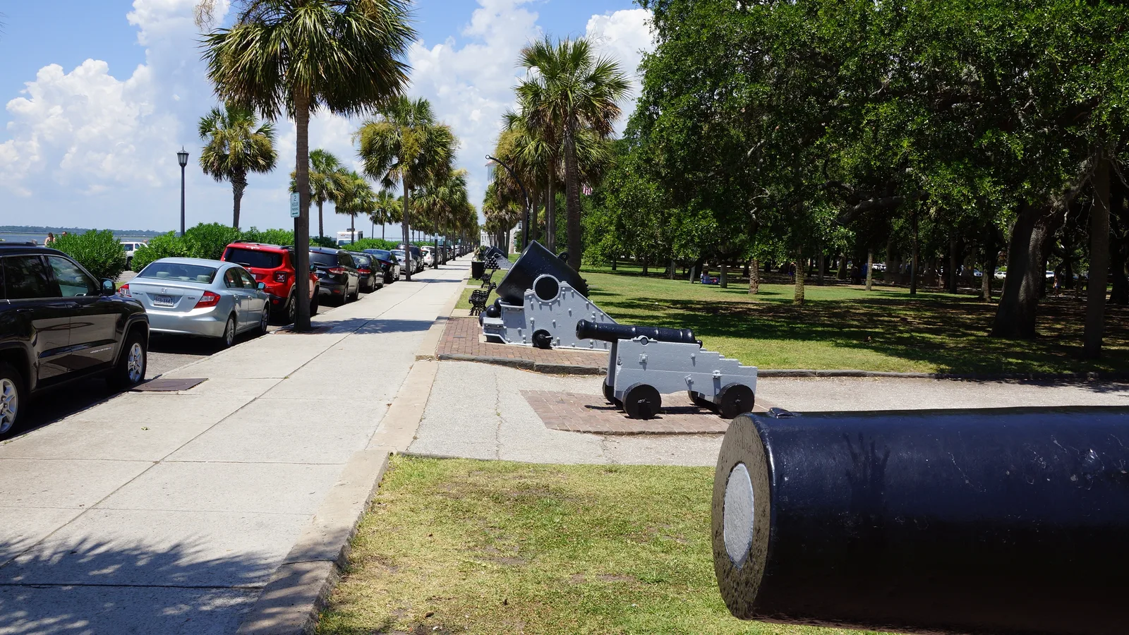 Murray Boulevard beside White Point Garden at the Battery, on the edge of Charleston Harbor. The picture does not show flooding.