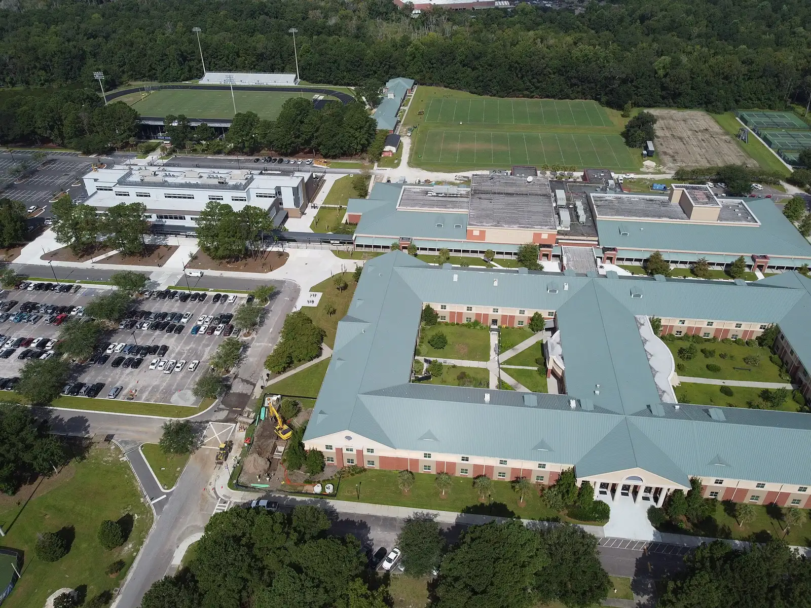 An aerial view of the West Ashley High School campus, with the Wildcats' stadium and practice fields at the top.