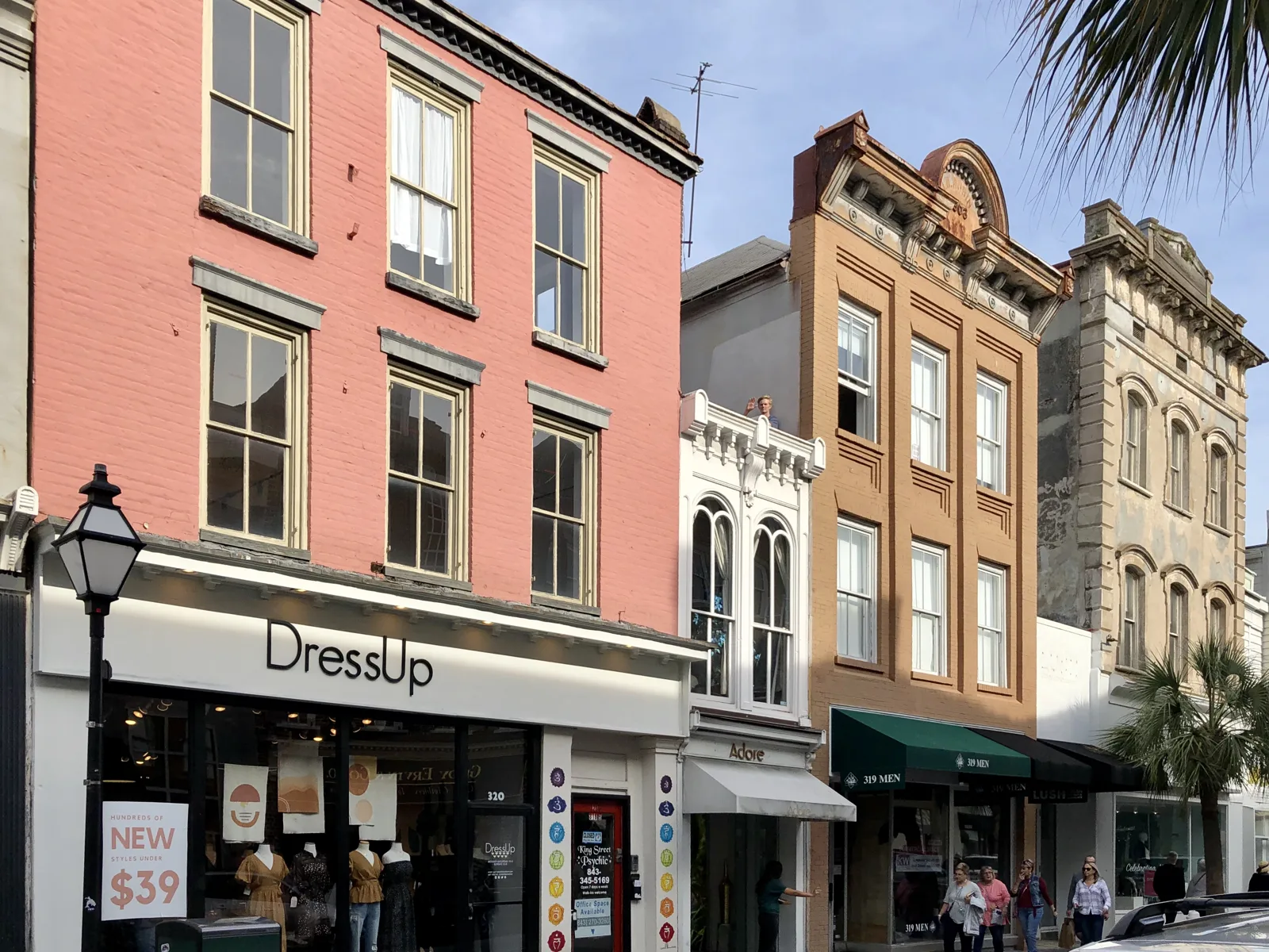 Shops in restored 19th-century buildings along King Street in downtown Charleston.