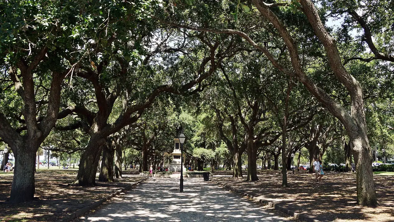 Live oaks shade a path through White Point Garden at the Battery in downtown Charleston.