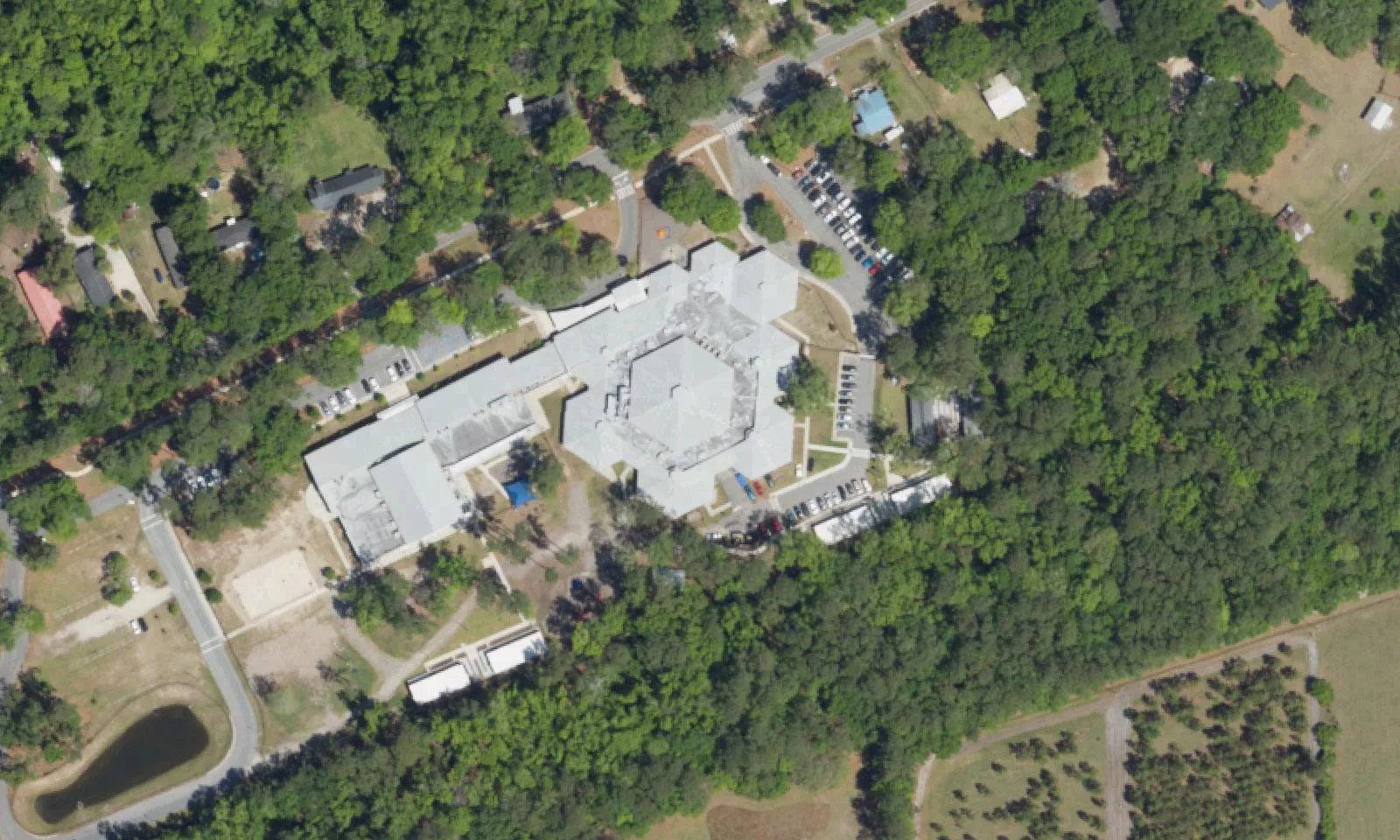 Angel Oak Primary School's campus on Chisolm Road on Johns Island, seen from the air