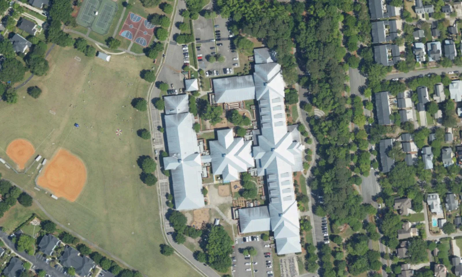 Daniel Island School's campus on Daniel Island Drive, seen from the air