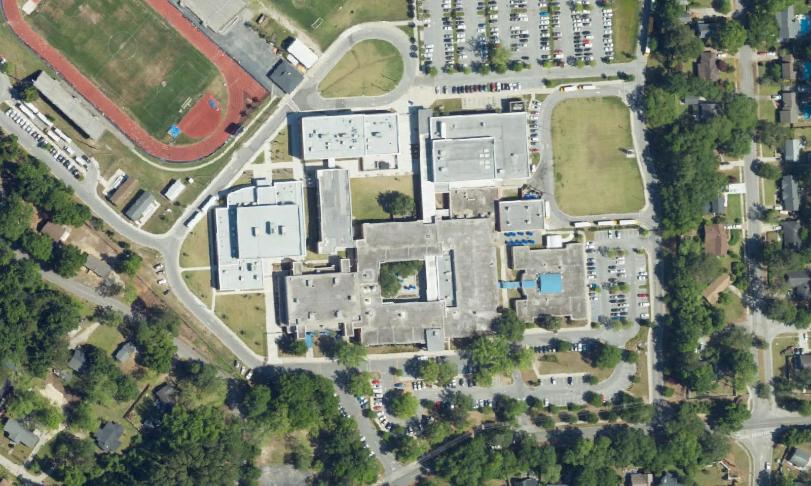James Island Charter High School's campus on Fort Johnson Road on James Island, seen from the air