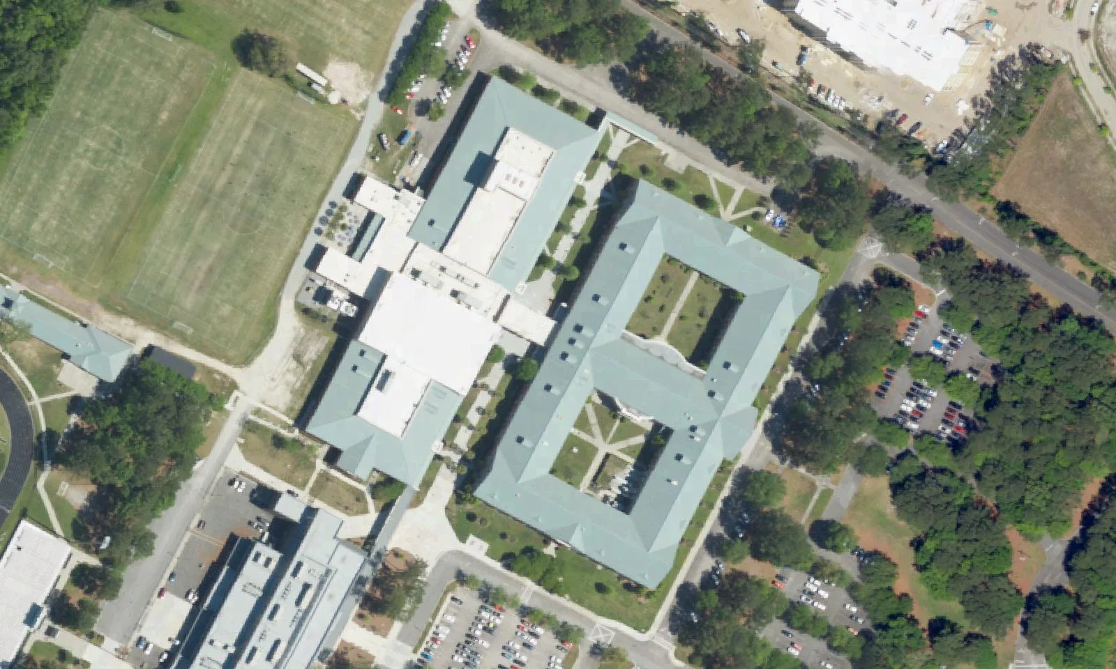 West Ashley High School's campus on West Wildcat Boulevard in West Ashley, seen from the air