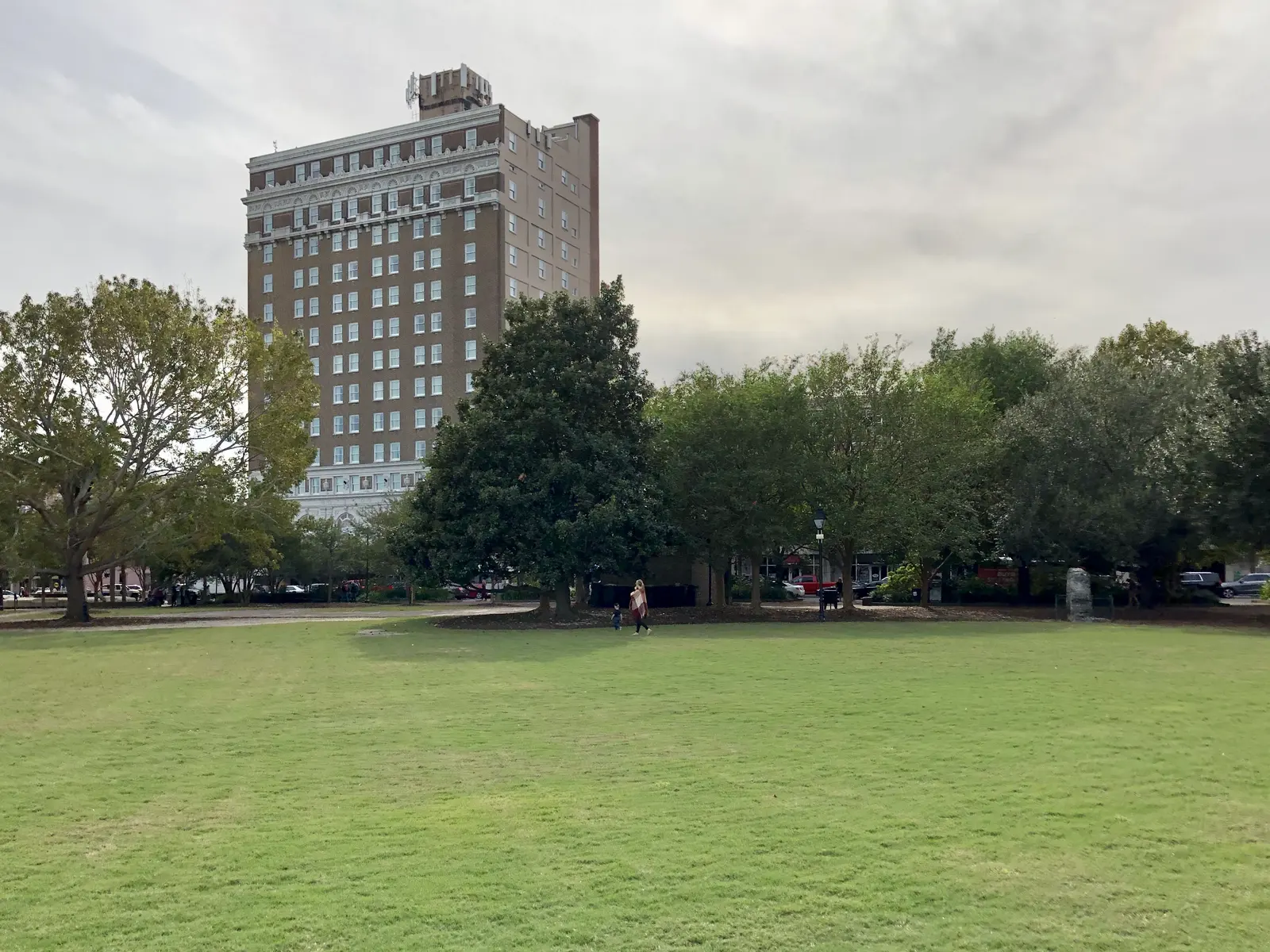 The lawn of Marion Square in downtown Charleston, one of the five SEWE venues, with the Francis Marion Hotel behind.